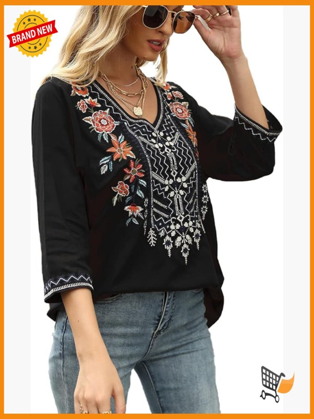 Boho Embroidered Peasant Top 3/4 Sleeve V Neck Tunic Blouse
